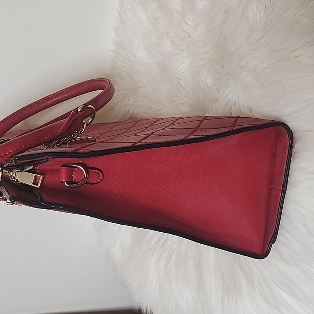 Large Vegan Leather Red Handbag Quilted Pattern Shoulder Satchel Hand Bag Purse - Picture 9 of 11